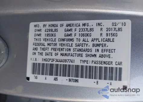 2010 Honda Accord 2.4 Lx from USA, damaged, VIN 1HGCP2F34AA097741